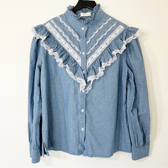 Petersyn Blue Button Down Shirt with White Lace - Picture 2 of 5